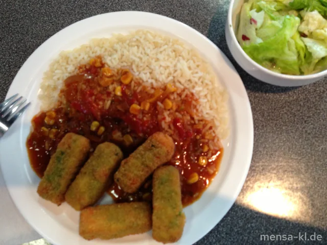Gemüsekroketten (V) mit Pusztasoße (9,V), Reis (V) und Salat (V)