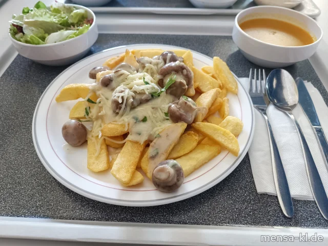 "POUTINE": Große Portion Steakhouse-Fries mit Steinchampignonsoße (Gl,La) veganer Mozzarella, Petersilie und Salat