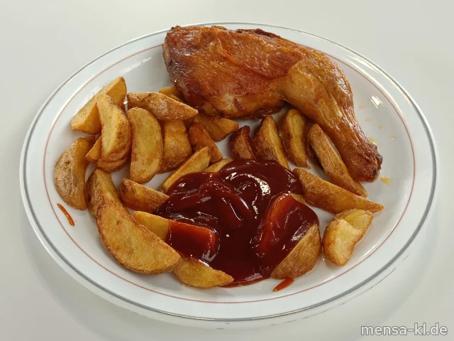 Gebratene Hähnchenkeule (Sf,G) mit Barbecue-Dip (1,Sl,Sf), Grillkartoffeln und Salat