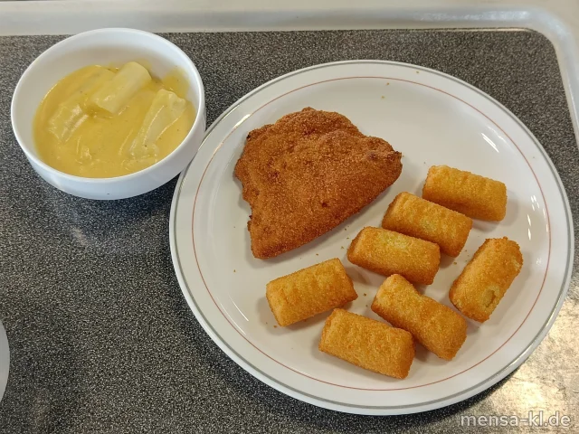 Hähnchen-Cordon-bleu mit Truthahnschinken und Käse gefüllt (1,2,Gl,La,G), Pfälzer Spargel mit Hollandaise (1,Ei,La,Sf), Kroketten (Gl)