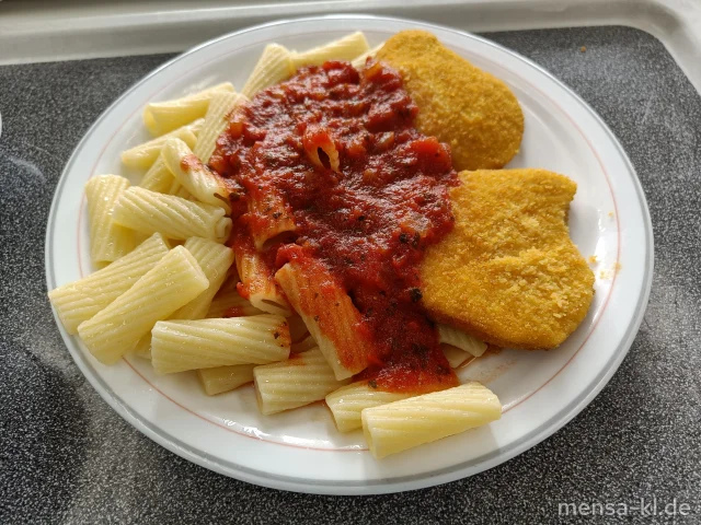 "Valess"-Schnitzel (Gl,Ei,La,V) mit Tomatensugo (Gl,V), Rigatoni (1,Gl,V) und Salat (V)
