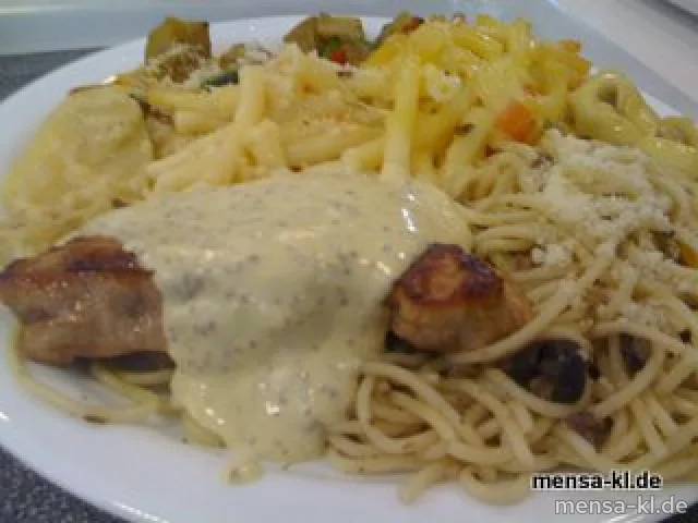 "KLEINES UND FEINES":Salate vom Büfett, dazu Kalbsrückensteak mit Dijonsenf-Dip