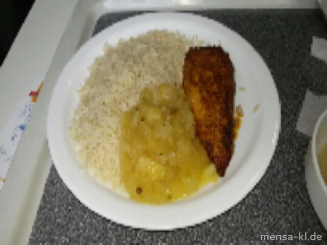 Truthahnbrustfilet (G) mit Chili-Ananas-Zwiebel-Dip (5,Sw), Reis und frischem Karottengemüse (La)