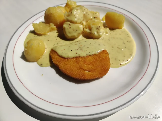 Valess-Schnitzel (Gl,Ei,La) mit Dijonsenf-Soße (La,Sf), Dampfkartoffeln (5,Sw) und Salat (1,Sf)