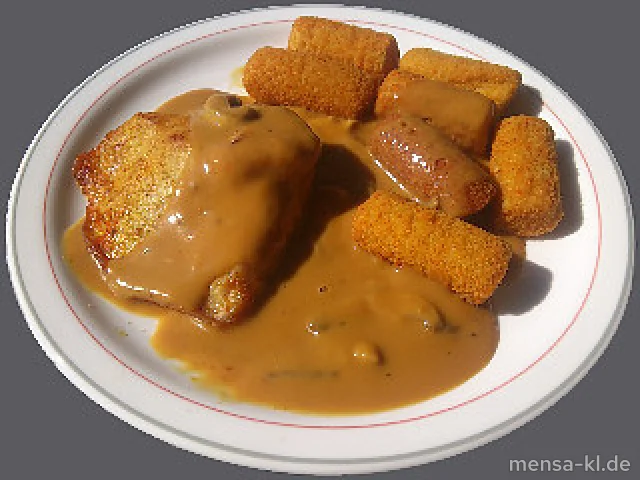 Truthahnsteak (G) mit Champignon-Rahmsoße (3,A), Kroketten (1) und Salat