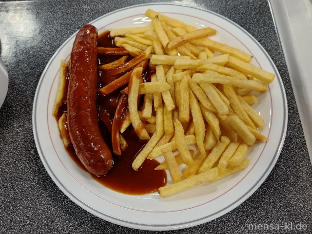 Rindswurst (1,2,3,8,9,Sf,R) mit Currysoße (1,3,9,10,Sl), Pommes frites und Salat