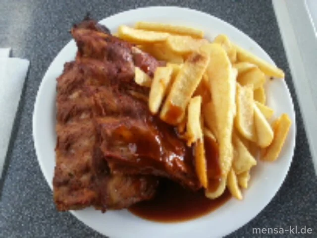 1/2 kg Spareribs (S,Lfrei) mit Barbecuesoße (1,4,Lfrei) und Steakhouse-Frites (Lfrei)