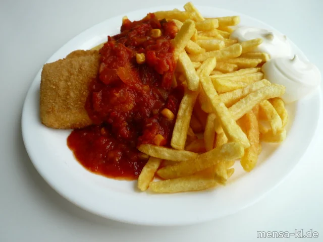 Gebackener griechischer Hirtenkäse (Gl,La,V) mit Pusztasoße (9,Gl,Sl,V), Pommes frites (V) und Salat (V)