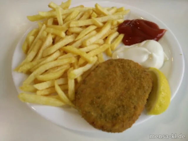 Gemüseschnitzel (Gl,Ei,La,Sl,V) mit Zitrone, Pommes frites (V) und Salat (V)