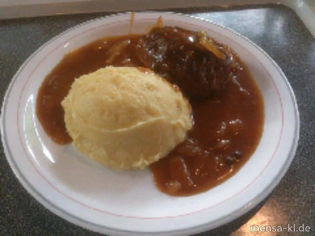 Pfälzer Fleischküchle (R,S) mit Schmorzwiebelsoße, Kartoffel-Stampes und Endiviensalat