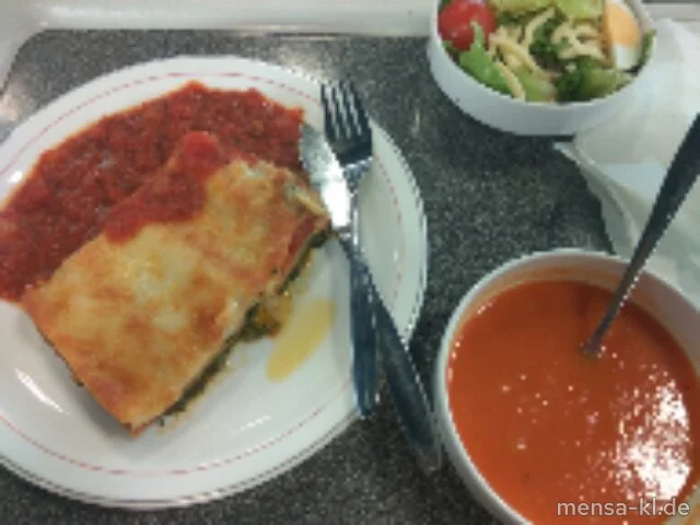 Lasagne mit Gemüsefüllung (Gl,Ei,La,Sl,V), Tomatensugo (V) und einem kleinen italienischen Salat (V)
