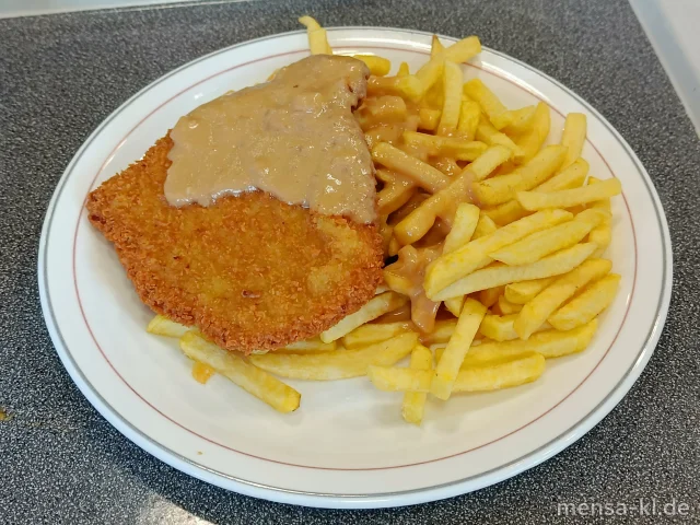 Paniertes Schweineschnitzel (Gl,S) mit Zwiebel-Sahnesoße (Gl,La), Pommes frites und Salat