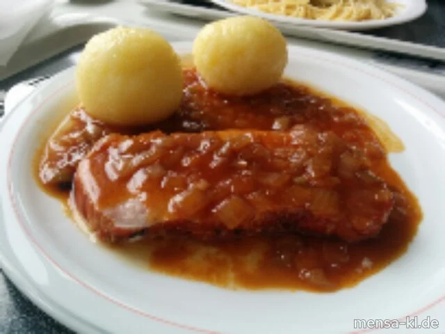 Kaiserbraten (S,Lfrei) mit Zwiwelsoße (Lfrei,A) und Grumbeerknödel (2,3,Lfrei)