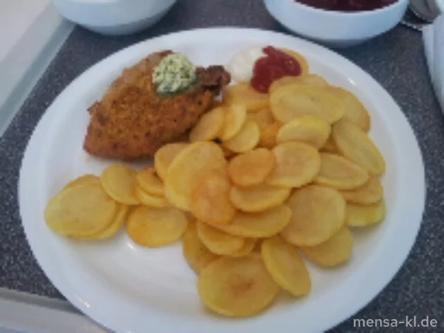 Schweinerückensteak (S) mit Kräuterbutter, Pommes-Chips und Salat