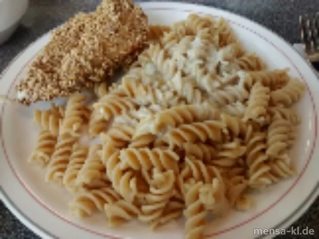 Hähnchenbrustfilet im Sesammantel (Gl,Ei,Se,So,G), Kokossoße (Gl,La,Sf), Vollkorn-Fusilli (1,Gl) und Brokkoli mit Mandelbutter (Nu,La)