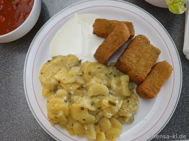 Gemüsekroketten (Gl,Sl) mit Zitronen-Dip (Gl,Nu,Sf), hausgemachtem Kartoffelsalat (5,Sw,Sf) und Salat