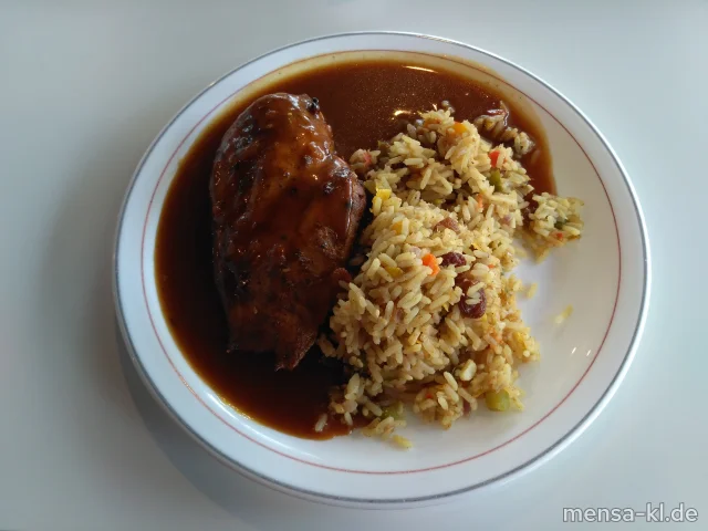 Hähnchenbrustfilet (Sl,G) mit "Raz el Hanout-Soße" (Sl), orientalischem Reis (Nu,Sl,Se) und Salat