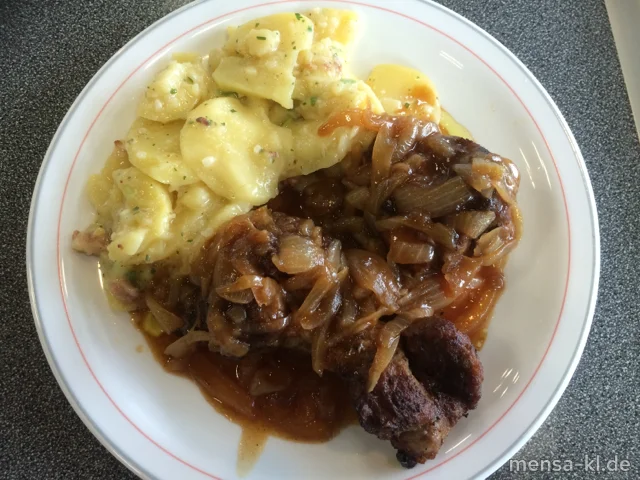 Winzerknorze (5,Sw,Sf,A,S) mit Schmorzwiebeln (Gl,Sf) und Kartoffelsalat (1,2,5,Gl,Sw,Sf,S)