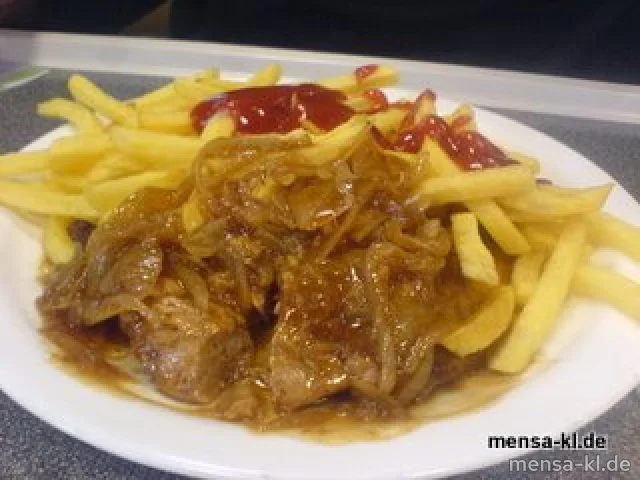 Holzfällersteak (4) vom Schweinekamm mit Schmorzwiebeln und Pommes-Frites