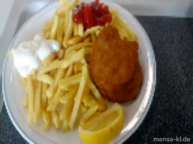 Schnitzel "Valess" (V) mit Pommes frites (V) und Salat (V)
