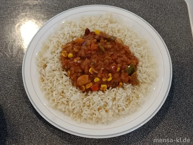 Chili Tex-Mex mit Paprika, Kidneybohnen und Mais (1,2,Sf), dazu Reis und Eisbergsalat mit Kräuter-Dressing
