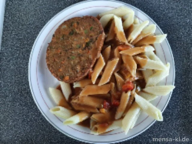 Gemüseschnitzel (Gl,Ei,La,Sl,V) mit Paprika-Tomatensoße (Gl,V), Penne Rigate (1,Gl,V) und Salat (V)