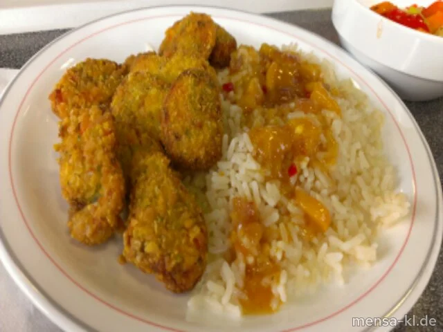 Gemüse-Nuggets (V) mit Mango-Chili-Dip, Reis und frischem Wok-Gemüse
