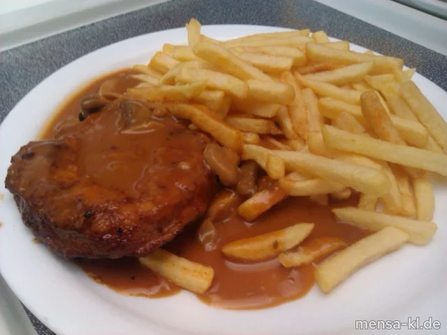 Schweinerückensteak mit Champignon-Rahmsoße (3), Pommes-Frites und Salat