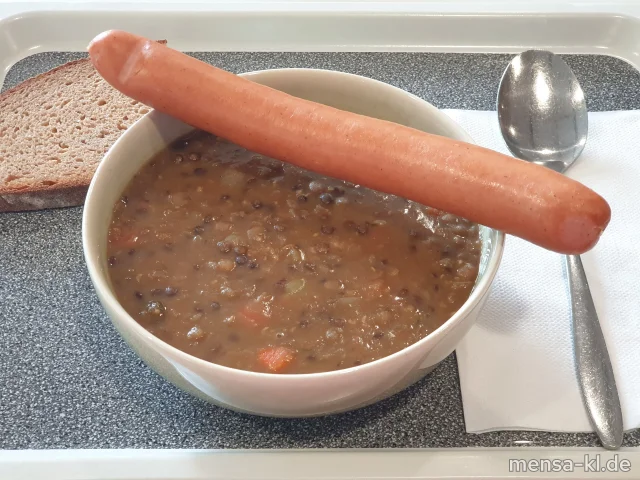 Linseneintopf (Sl) zusätzlich 1,90 € mit Wiener Würstchen (2,3,8,S) oder Rindswurst (1,2,3,8,9,Sf,R,L), dazu eine Scheibe Bauernbrot (Gl)