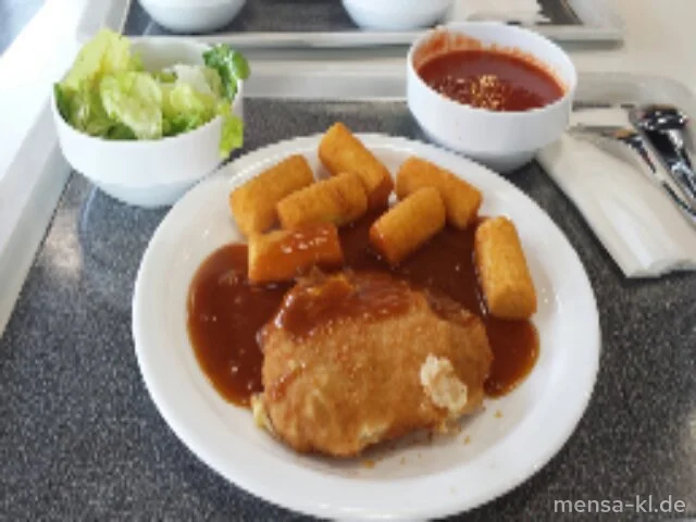 Cordon bleu mit Schinken und Käse gefüllt (1,2,3,Gl,La,S), Bratensoße (Gl,Sf), Kroketten (Gl) und Salat