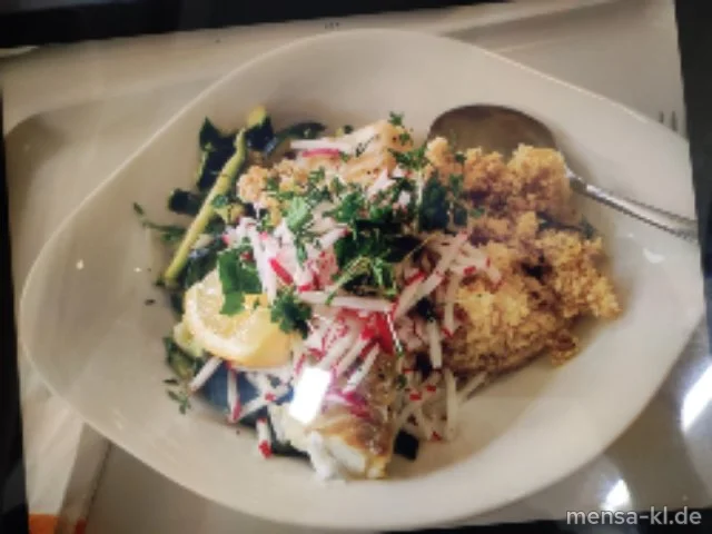 Zoodles mit Kabeljaufilet und Couscous (Fi,Gl), dazu Radieschen-Creme (La) und frische Gartenkresse