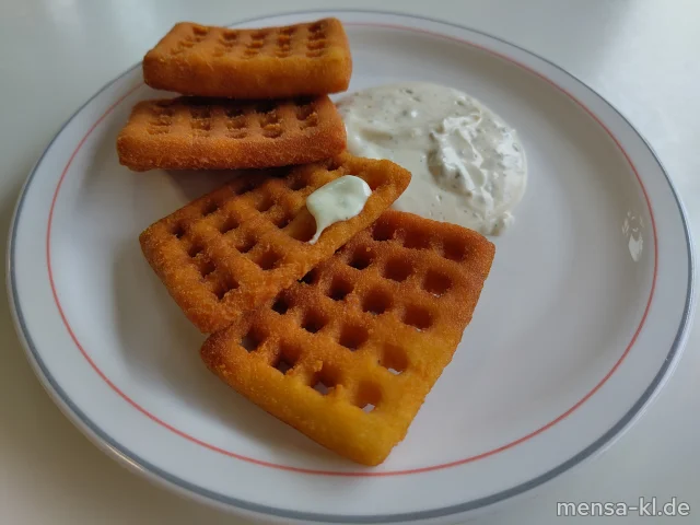 Kartoffelwaffeln mit Brunnenkresse-Dip (1,9,Gl,Ei,La,Sf), dazu ein Beilagensalat nach Wahl