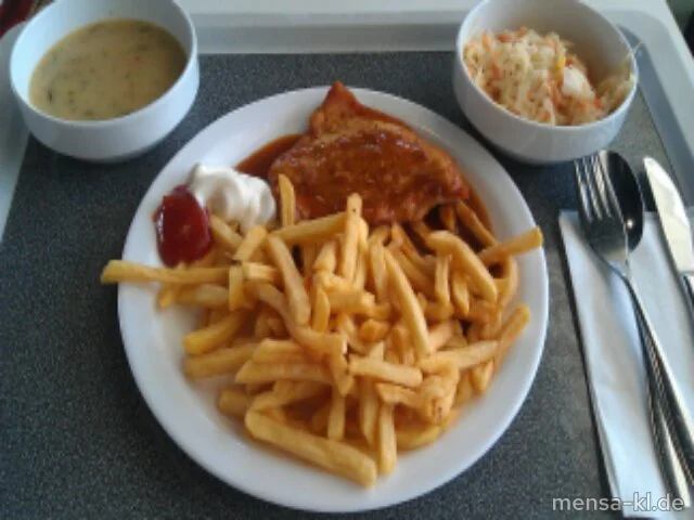 Truthahnsteak 'Down Under' mit Honig-Senfsoße (3,G,Lfrei), Pommes frites (Lfrei) und Farmersalat (Lfrei)