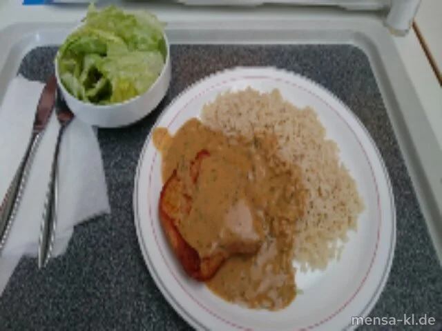 Truthahnsteak (G) mit Kräuter-Rahmsoße (Gl,La,Sf), Reis und Salat