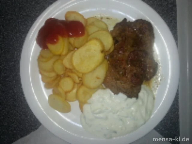 Schweinekammsteak 'Gyros Art' (S) mit Tzatziki und Pommes-Chips