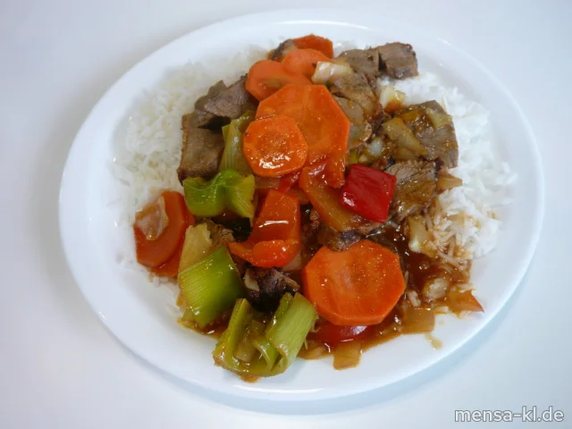 Frisches Gemüse mit Entenbruststreifen "Suzy Wong" (1,Gl,Ei,La,Sl,So,G), Basmatireis (1)