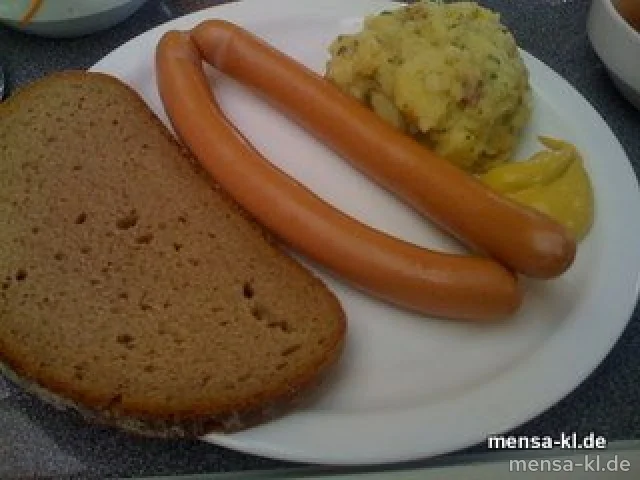 Zwei Wiener Würstchen (S/R/2/3/4), warmer Kartoffelsalat (S/1), Bauernbrot und Salat