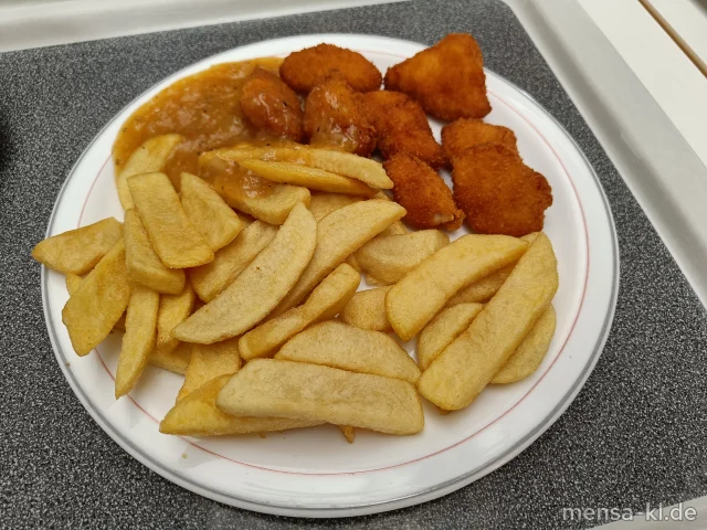Hähnchencrossies (Gl,G) mit Mango-Pfeffersoße, Steakhouse-Pommes (Gl) und Salat