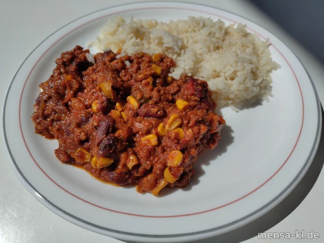 Chili Tex-Mex mit Sojahack, Paprika, Kidneybohnen und Mais (Sf,So), dazu Reis und ein Beilagensalat nach Wahl