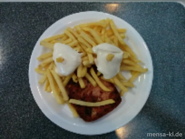 Pizzafleischkäse (1,2,3,4,8,R,S) mit Pommes frites
