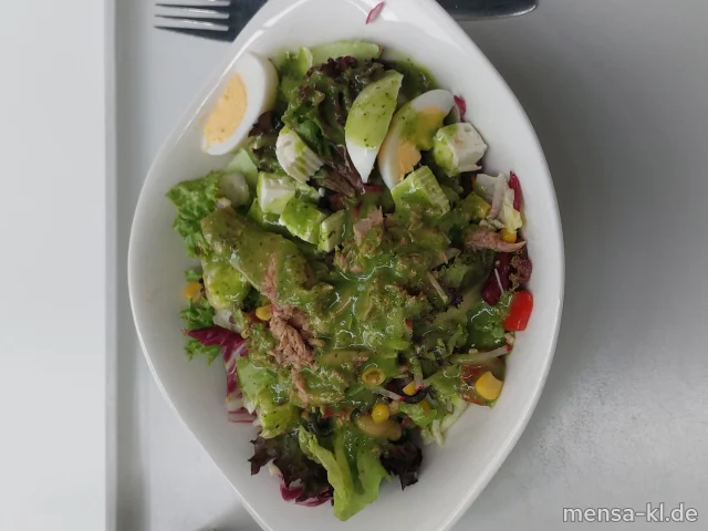 Gemischter Salatteller mit Thunfisch, Oliven, Feta, Radieschen, Zwiebeln und Ei (1,5,6,Fi,Ei,La,Sw,So), dazu ein Kräuter-Dressing (Sf)