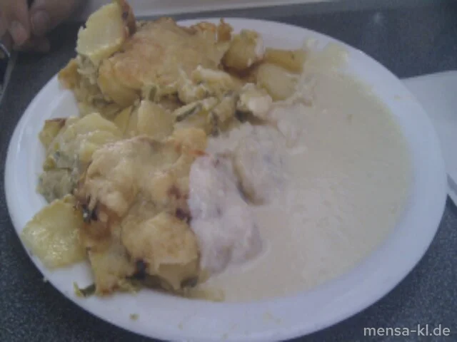 Große Portion Kartoffel-Lauch-Gratin, dazu Salat
