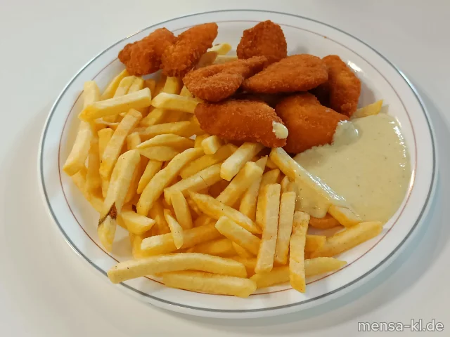 Hähnchencrossies (Gl,G) mit Curry-Dip (Gl,Nu,Sf) und Pommes frites, dazu Salat