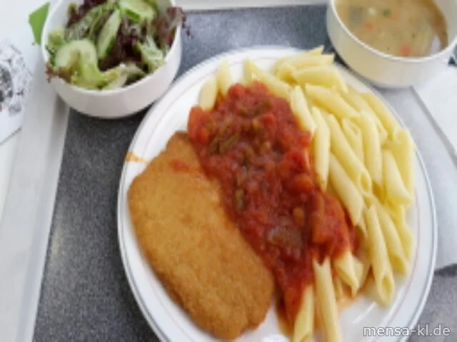 Paniertes Schweineschnitzel (Gl,S) mit Paprika-Tomatensoße (Gl), Penne Rigate (1,Gl) und Salat