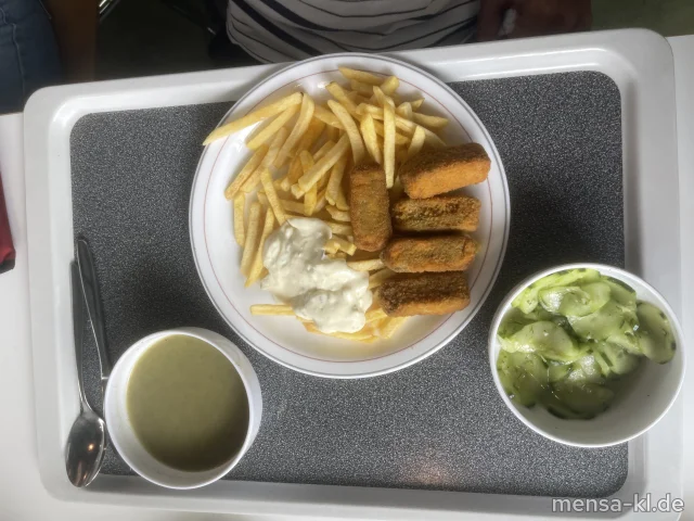 Gemüse-Nuggets (Gl,Ei,La,Sl) mit Remoulade (1,9,Gl,Ei,La,Sf), Pommes frites und Gurkensalat (1,5,9,Gl,Ei,La,Sw,Sf)