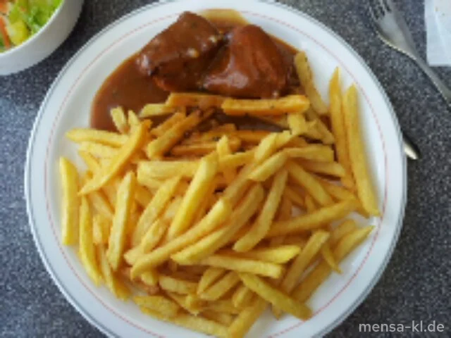 Schweinelendespieß (S) mit Pfeffersoße, Pommes-Frites und Salat