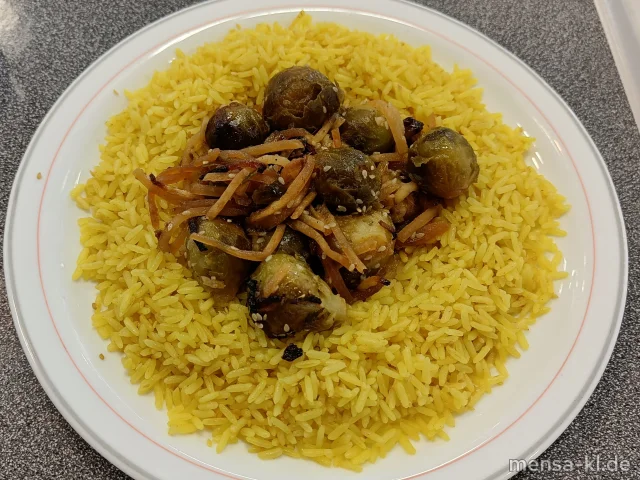 Gerösteter Ofen-Rosenkohl im Teriyaki-Sud auf Sesamreis (2,5,Gl,Sw,Se,So), dazu Salat