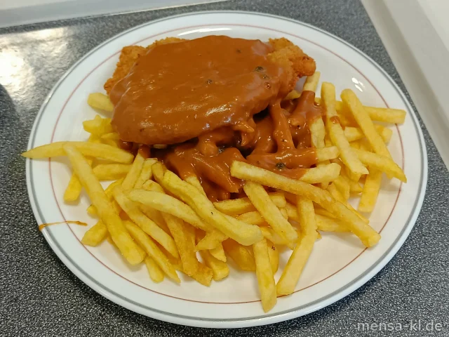 Paniertes Schweineschnitzel (Gl,S) mit Pfefferrahmsoße (Gl,La), Pommes frites und Salat