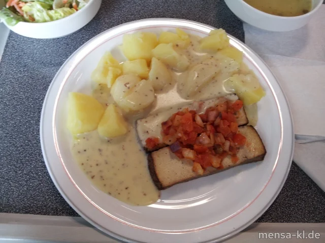 Geräucherter Tofu "Provencial" (Gl,So,V) mit Dijonsenf-Soße (5,Ei,La,Sw,Sf,A,V), Dampfkartoffeln (1,5,Sw,V) und Salat (V)