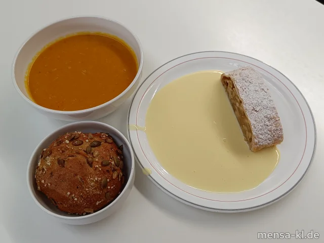Kürbissuppe (2,Gl) mit einem Stück Apfelstrudel (Gl), Vanillesoße (La) und einem Kürbisbrötchen (Gl)